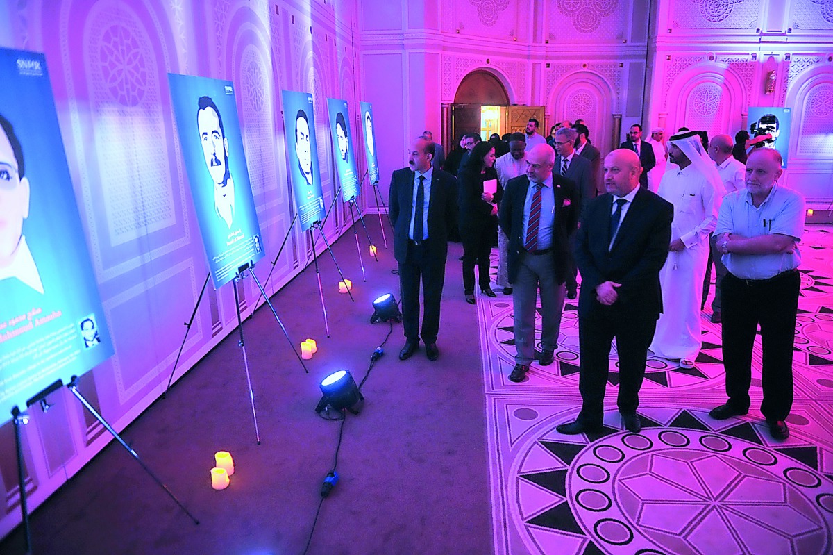 Nizar Al Hirakey (second right), Ambassador of Syria to Qatar, with embassy officials and other guests touring the “Syrian Detainees, Freed in Death” exhibition organised by the Syrian Embassy and the Syrian Human Rights Network at the Diplomatic Club on 
