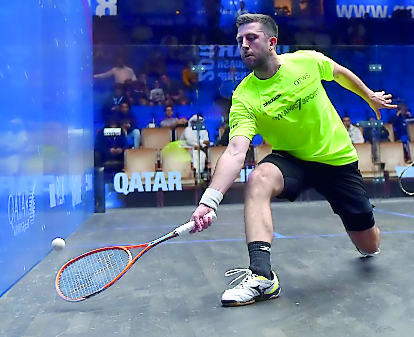 Daryl Selby of England in action at the Khalifa International Tennis and Squash Complex.