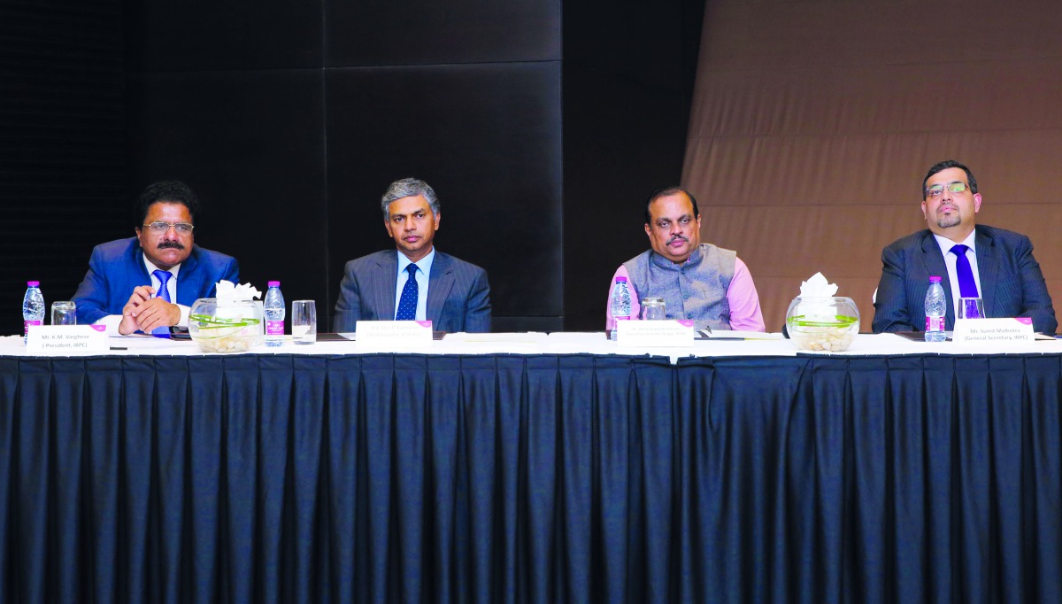 Indian Ambassador to Qatar P Kumaran (second left); G Venu (second right), Executive Director (Engg.) at NTPC; President of IBPC K M Varghese (left); and Sumit Malhotra, General Secretary of IBPC, at the seminar at Crowne Plaza Hotel-Doha yesterday.