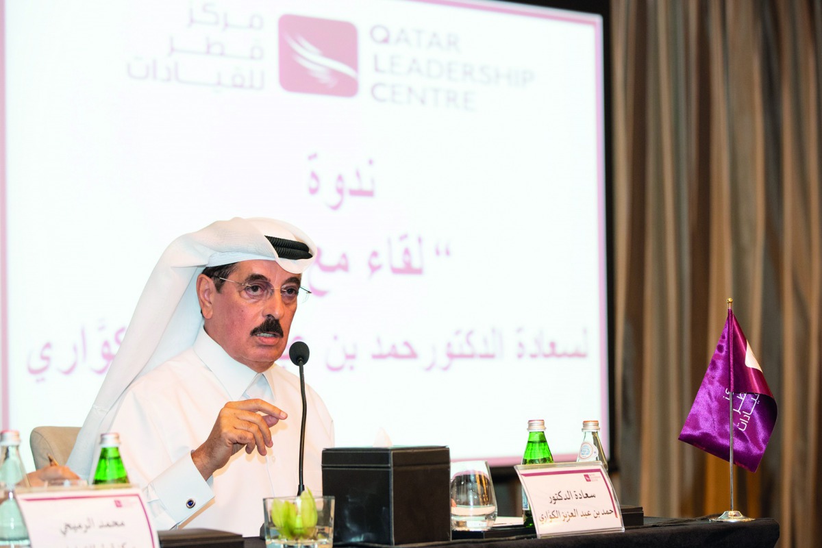 H E Dr. Hamad bin Abdulaziz Al Kawari, the Minister of State, speaks during ‘Meet a Leader’ series organised by Qatar Leadership Centre. 