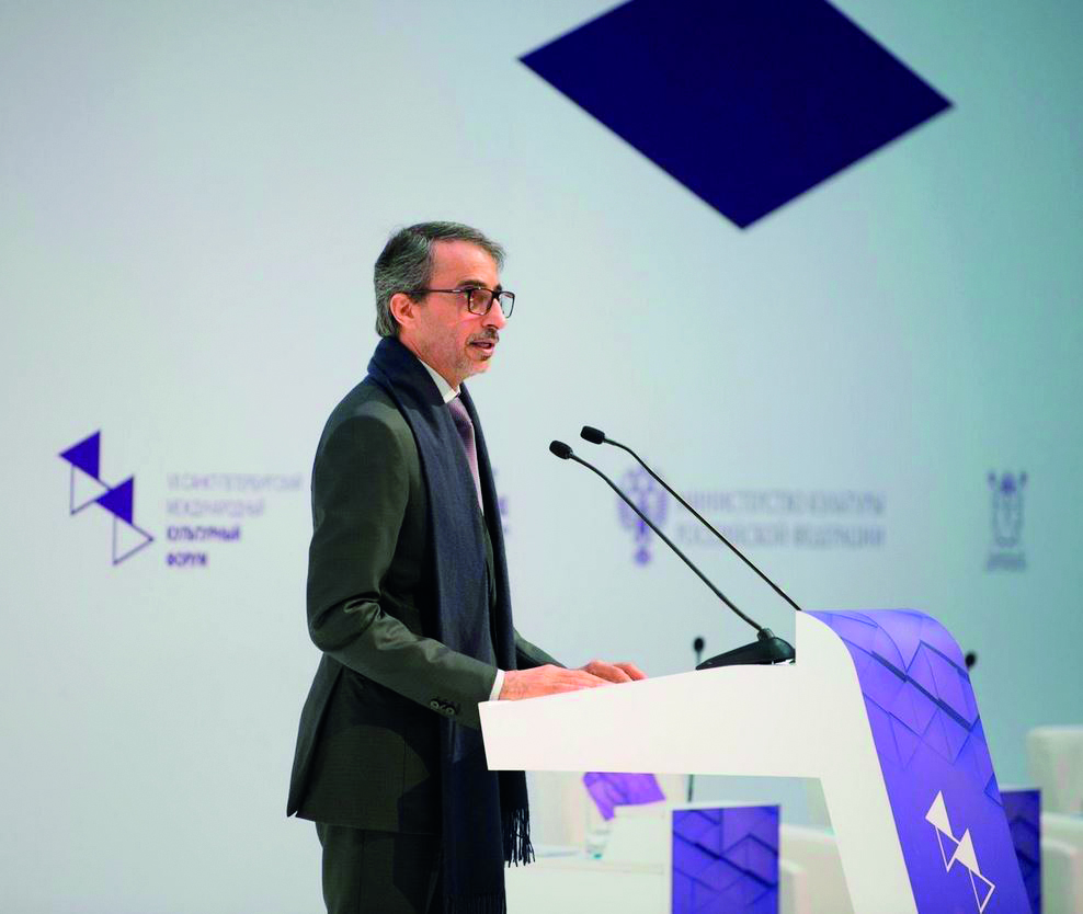 Minister of Culture and Sports, H E Salah bin Ghanem Al Ali, addressing the St. Petersburg International Cultural Forum, in St. Petersburg, yesterday.