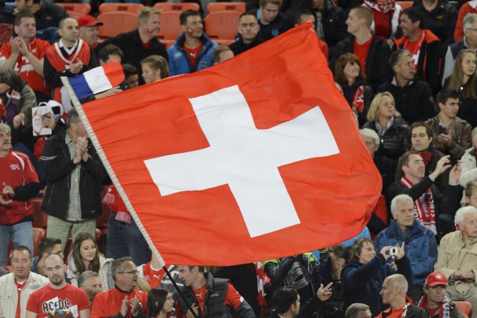 A Swiss flag at the Euro 2016 qualifier between Switzerland and Slovenia at the St. Jakob park stadium in Basel on September 5, 2015. AFP/Fabrice Coffrini
