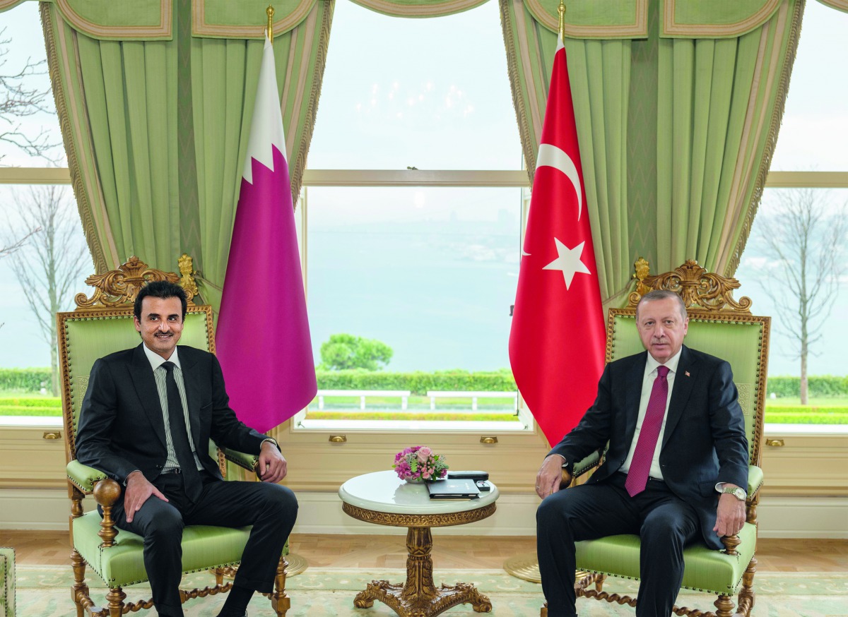 Amir H H Sheikh Tamim bin Hamad Al Thani and President of the Republic of Turkey, Recep Tayyip Erdogan, in Istanbul yesterday.