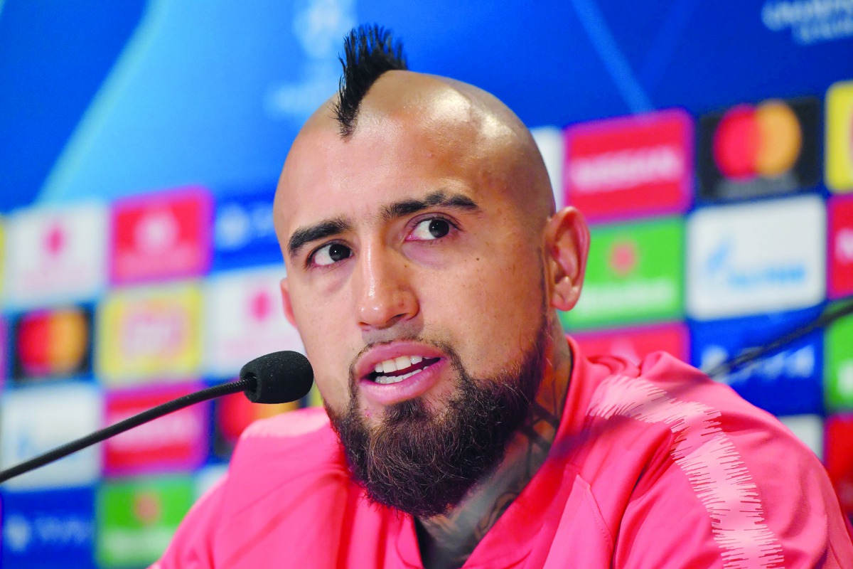 Barcelona midfielder Arturo Vidal looks on during a press conference at the Philips Stadium in Eindhoven on the eve of their UEFA Champions League Group B match against PSV Eindhoven.