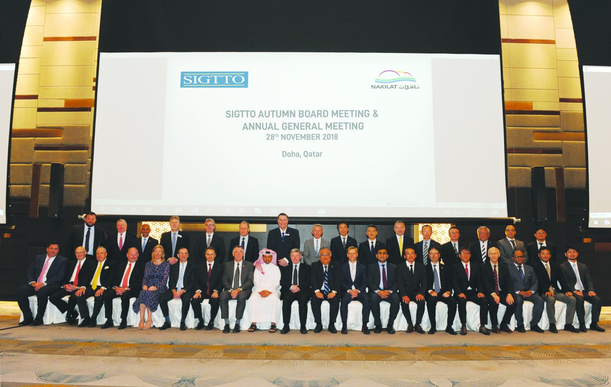 The participants, including top officials of Nakilat, the official host of the 2018 Autumn SIGTTO Board & AGM, posing for a group picture on the sidelines of the AGM in Doha, yesterday.  