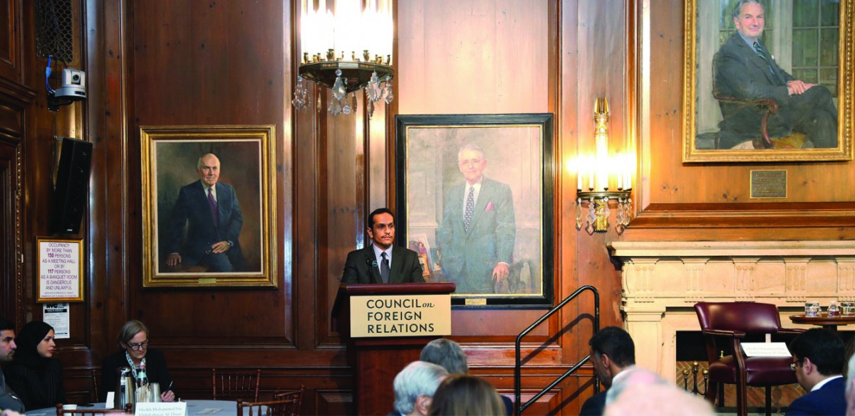 Deputy Prime Minister and Minister of Foreign Affairs H E Sheikh Mohammed bin Abdulrahman Al Thani speaking at a meeting of the Council on Foreign Relations in New York.