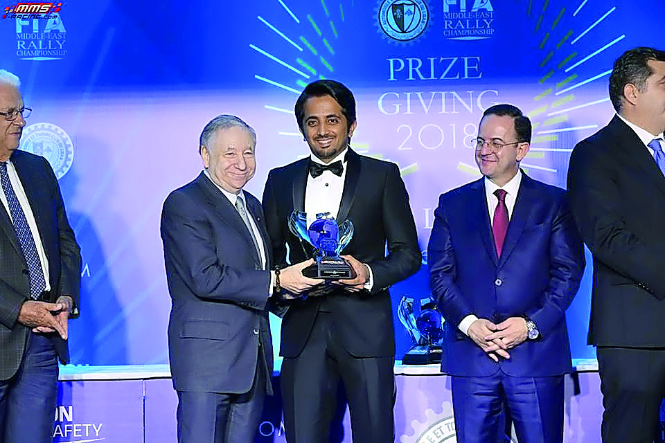 Qatari rally driver Nasser Al Kuwari receiving the Middle East Rally Championships (MERC) 2 co-driver’s trophy from FIA President Jean Todt during a ceremony held in Beirut, Lebanon, last week. 