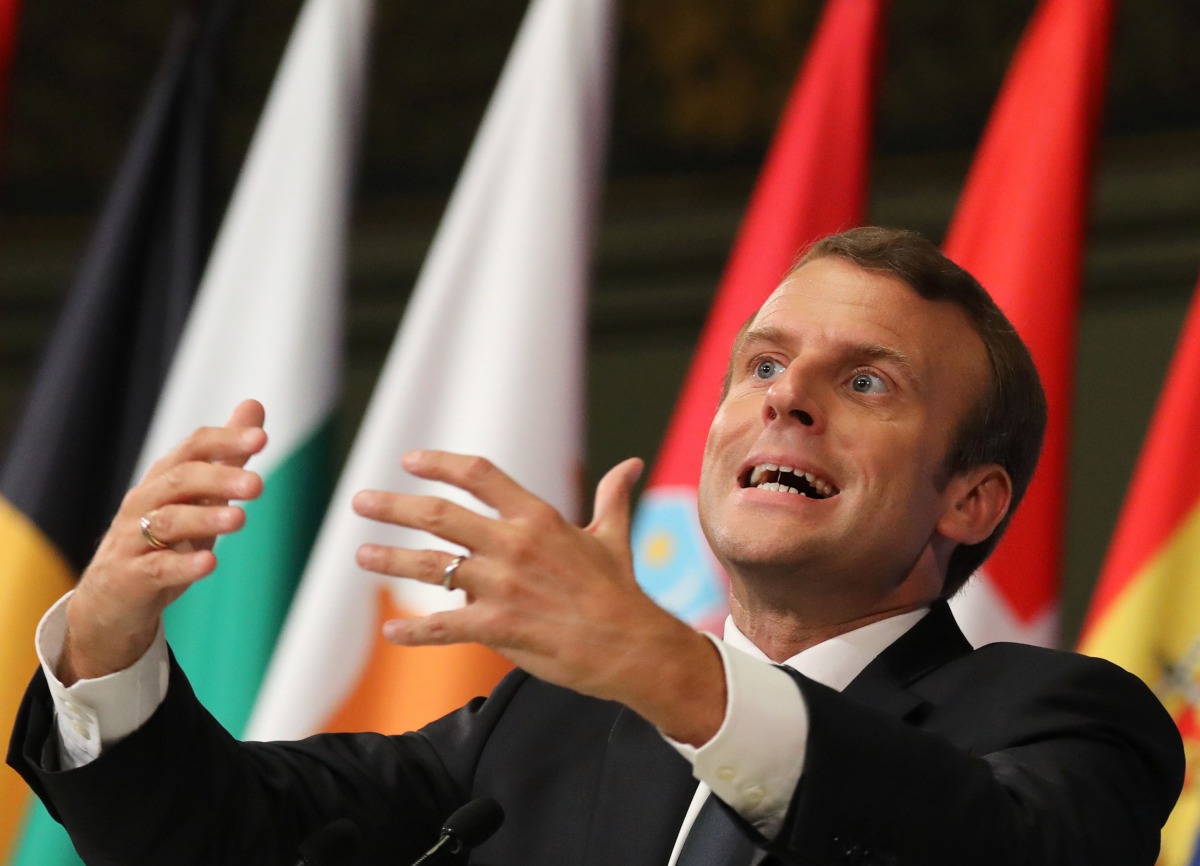 French President Emmanuel Macron gestures as he delivers a speech on the European Union in the amphitheatre of the Sorbonne University in Paris on September 26, 2017. AFP/Ludovic Marin