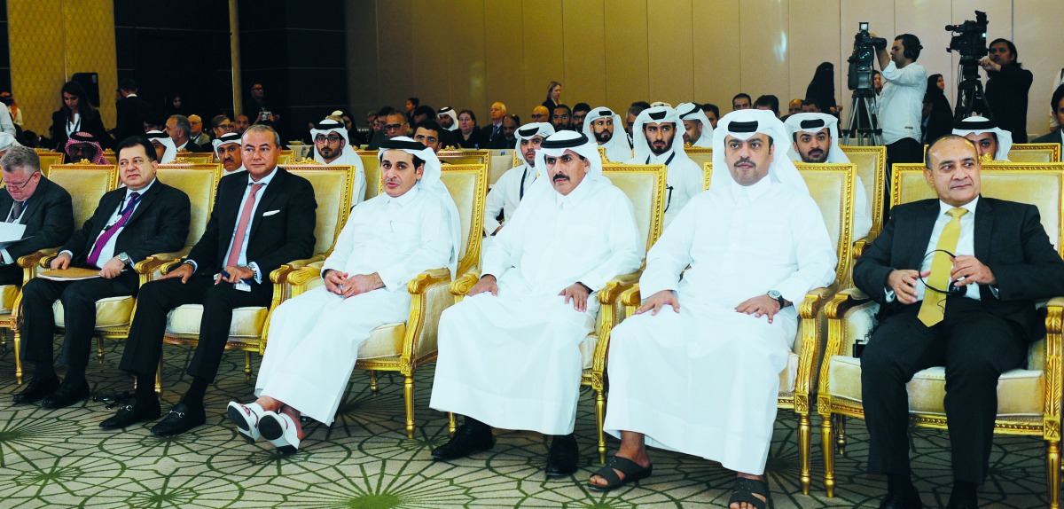 Qatar Central Bank Governor H E Sheikh Abdullah bin Saoud Al Thani (third right), Abdulla Mubarak Al Khalifa (second right), Acting Group CEO of QNB;  Joseph Abraham, Group CEO of  Commercial Bank, and other CEOs and dignitaries at the opening session on 