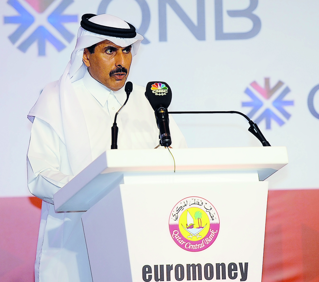 Qatar Central Bank Governor H E Sheikh Abdullah bin Saoud Al Thani addressing the Euromoney Qatar Conference, yesterday.