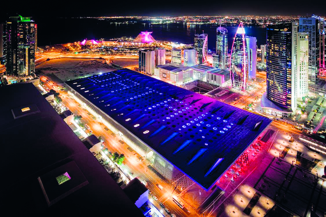 DECC building lit up to celebrate Qatar National Day.