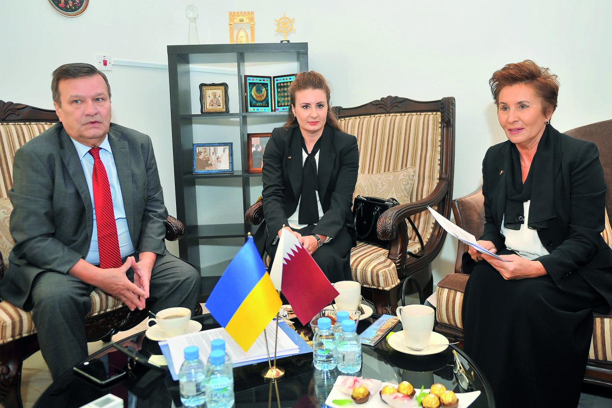 FROM LEFT: Yevhen Mykytenko, Ambassador of Ukraine to Qatar; Daria Revina, Vice-Chairperson of the Qatari-Ukrainian Business Forum (QUBF); and Dr Olga Revina, Founder and Chairperson, QUBF, during a meeting with members of QUBF, at the Embassy of Ukraine 