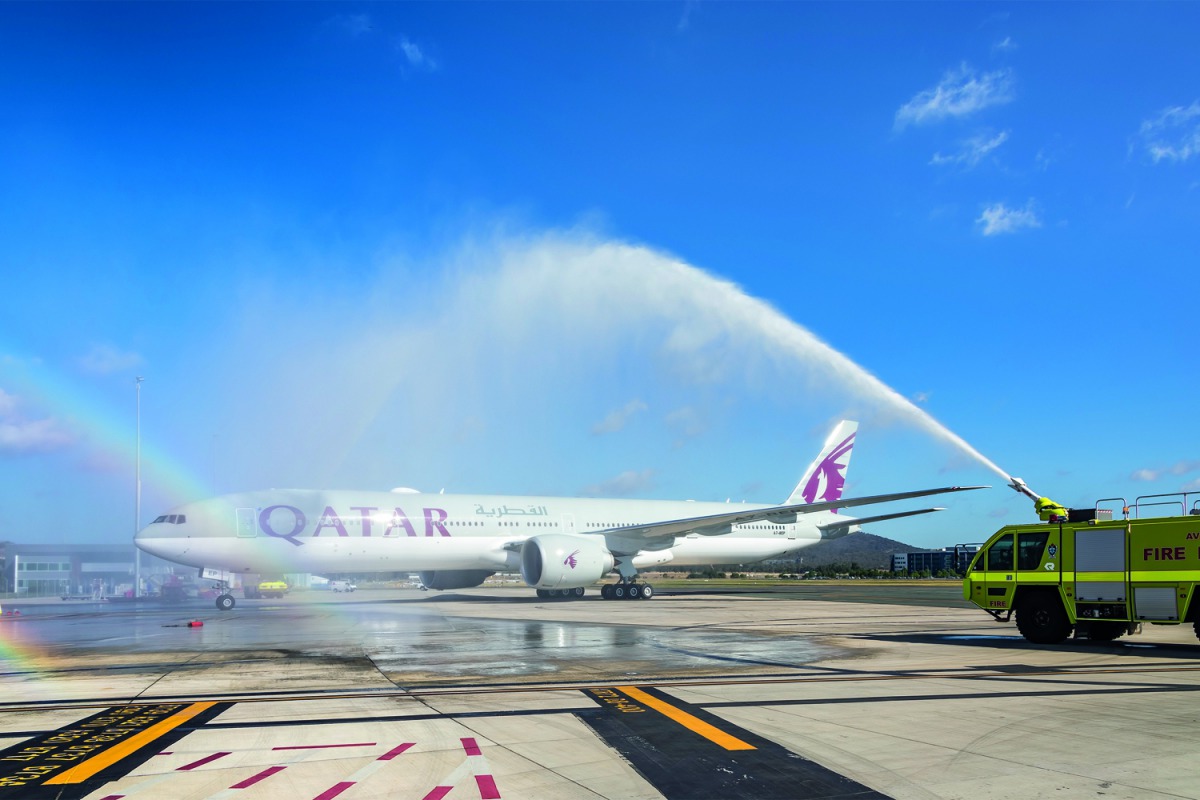 The first Qatar Airways flight from Doha to Canberra is getting a celebratory water cannon salute at Canberra upon its arrival.