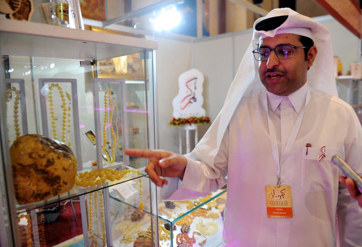 Qatari amber collector and businessman Hamad Saleh Al Sulaiti, founder and CEO of Karham Trading, speaks to The Peninsula at the Katara Exhibition for Kahraman at the Katara Cultural Village.  Pic: Abdul Basit/The Peninsula
