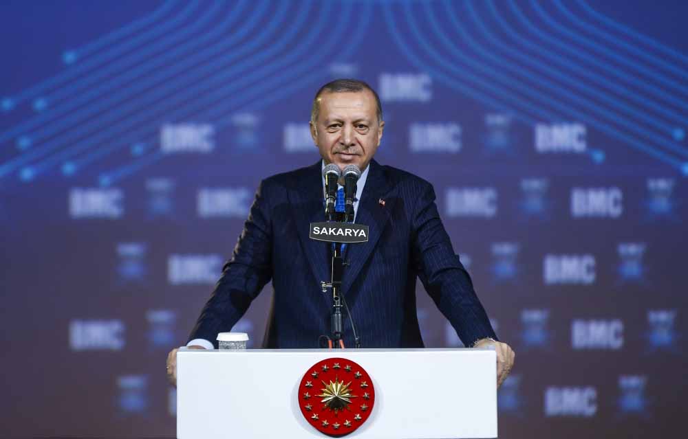 Turkish President Recep Tayyip Erdogan is seen making a speech as he attends vehicle manufacturer BMC's 'Next 50 Years' themed meeting at Karasu district, on January 13, 2019 in Sakarya, Turkey. Erhan Elald? - Anadolu