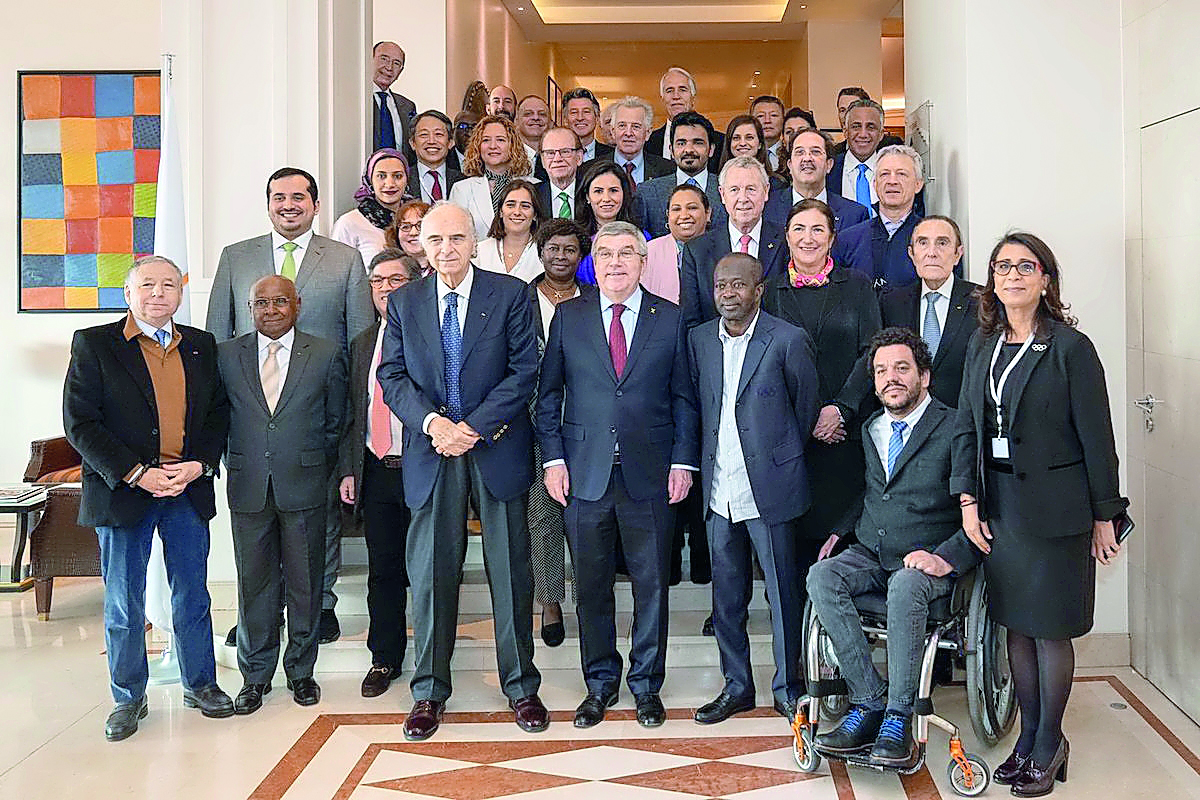 Qatar Olympic Committee (QOC) President, H E Sheikh Joaan bin Hamad Al Thani and the rest of the participants of the Commission for Public Affairs and Social Development through Sport (CPASDS) pose for a photograph with the International Olympic Committee