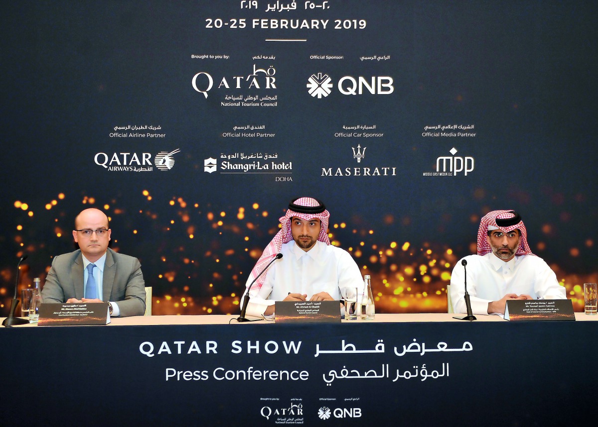 Ahmed Al Obaidli (centre) from Qatar National Tourism Council; Youssef Jassim Fakhroo (right), Head of External Communications at QNB, and Mazen Abd Rabbo, Vice-President of Middle East Auditoire, during the press conference to announce Qatar Show at the 