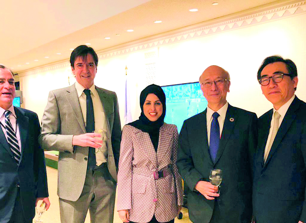 Qatar’s Permanent Representative to the United Nations, H E Ambassador Sheikha Alya Ahmed bint Saif Al Thani, with other diplomats during the celebrations in New York.