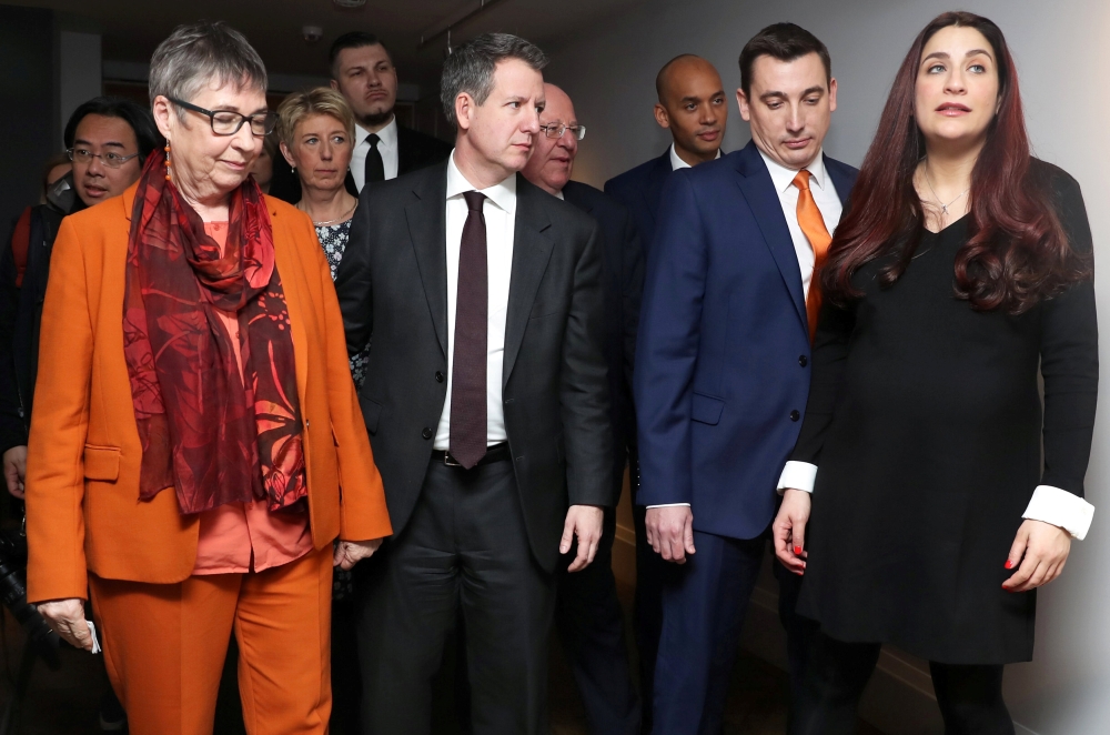 Britain's Labour Party MPs Ann Coffey, Angela Smith, Chris Leslie, Chuka Umunna, Gavin Shuker and Luciana Berger leave a joint news conference after their announcement they are leaving the party, in London, Britain, February 18, 2019. Reuters/Simon Dawson