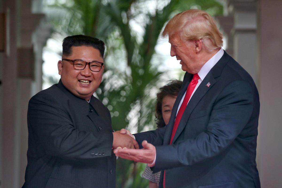 US President Donald Trump meets North Korean leader Kim Jong Un at the Capella Hotel on Sentosa island in Singapore, June 12, 2018. Kevin Lim / The Straits Times / via Reuters
