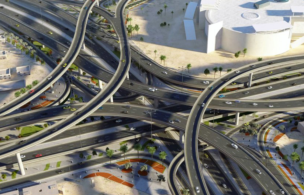 The impressively complex Umm Lekhba (Landmark) Interchange has nine bridges providing a free traffic flow in all directions highlighting its significance as a key access point on Doha Expressway for local residential areas and malls.