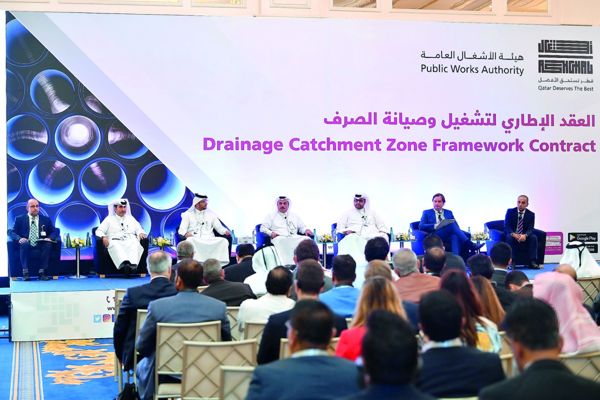 Ashghal officials addressing the press conference held yesterday to reveal the tender details to carry out drainage assets operation and maintenance works.