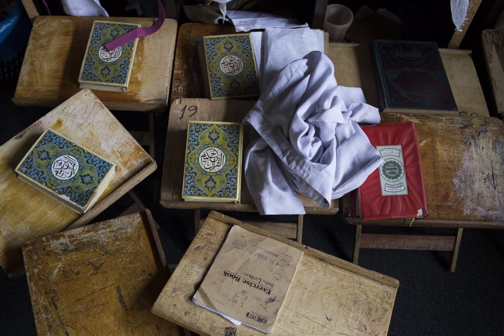 Qurans and books belong to Rohingya students at religious school run by a Rohingya NGO, Majlis Ulama Rohingya in Selangor, Malaysia on February 19, 2019. (Adli Ghazali/Anadolu Agency)