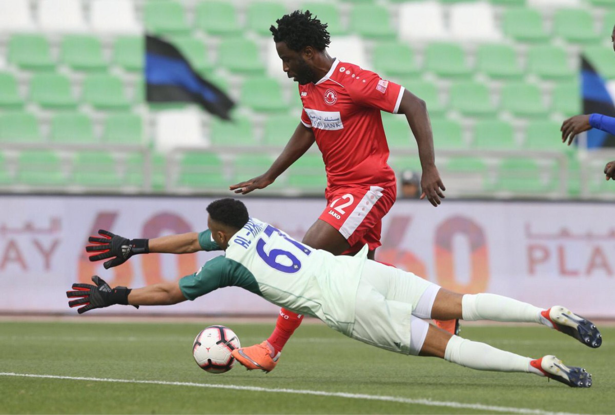 Al Arabi’s Wilfried Bony shoots to score past Al Sailiya goalkeeper Saoud Mubarak Al Khater during their QNB Stars League match played at the Al Ahli Stadium, yesterday.
