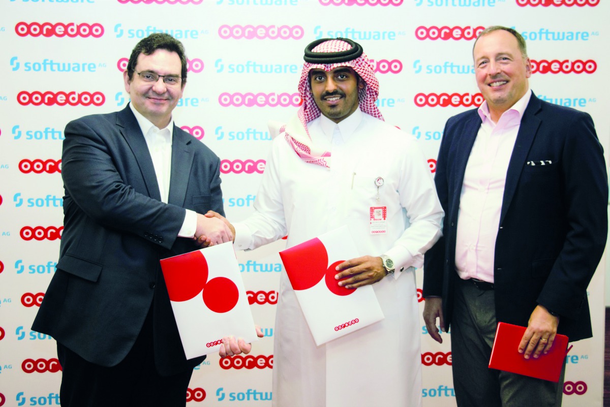 From left: David Milot, Vice-President of Solutions for EMEA, Software AG; Sheikh Nasser bin Hamad bin Nasser Al Thani, CBO-Ooredoo, and Gunther Ottendorfer, CTIO, Ooredoo.
