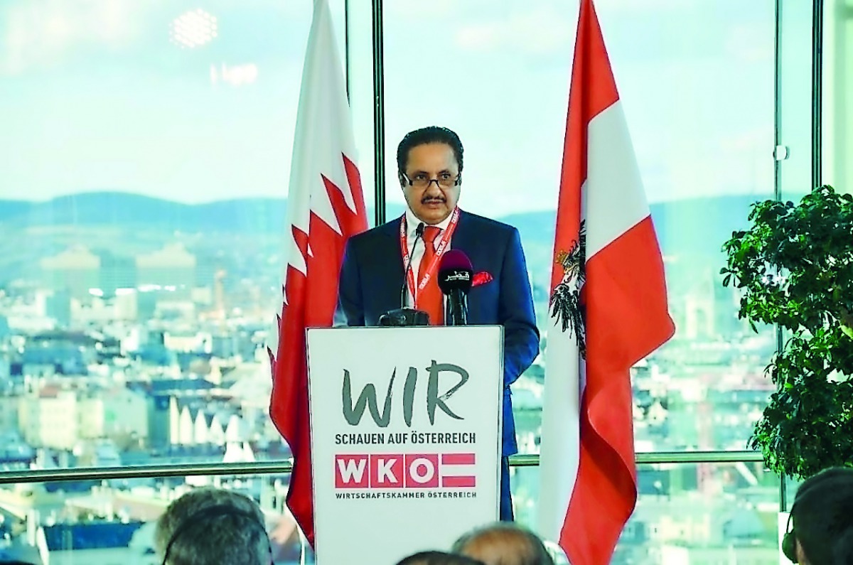 Sheikh Khalifa bin Jassim Al Thani, Chairman of Qatar Chamber (QC), addressing at the Qatari-Austrian Business Forum in Austria, yesterday.