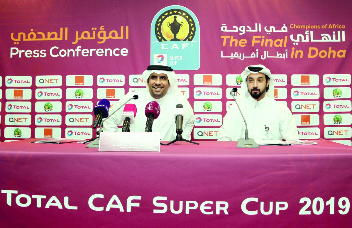 Khalid Mubarak Al Kuwari, Director of Marketing (left) and QFA Head of Media, Ali Al Salat announcing details of the Total CAF Super Cup 2019 during a press conference, yesterday.  Pic: Qassim Rahmatullah/The Peninsula