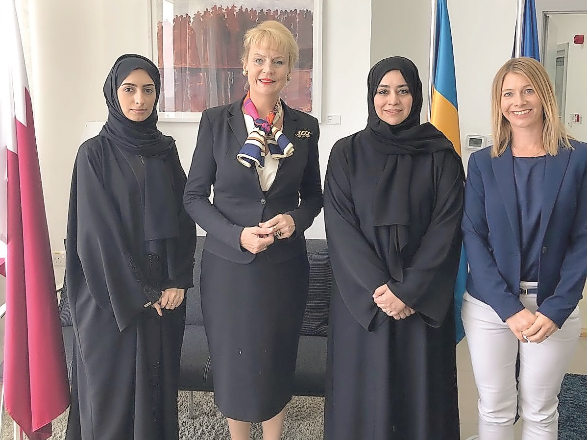 Ambassador of Sweden to Qatar, Ewa Polano (second left); and Ann von Staden, with the Qatari female leaders, Maryam Al Kuwari, AGM Development and User Services, QNB, and Aisha Al Mahmoud, IT Director at Qatar Stock Exchange, pose during a photo session. 