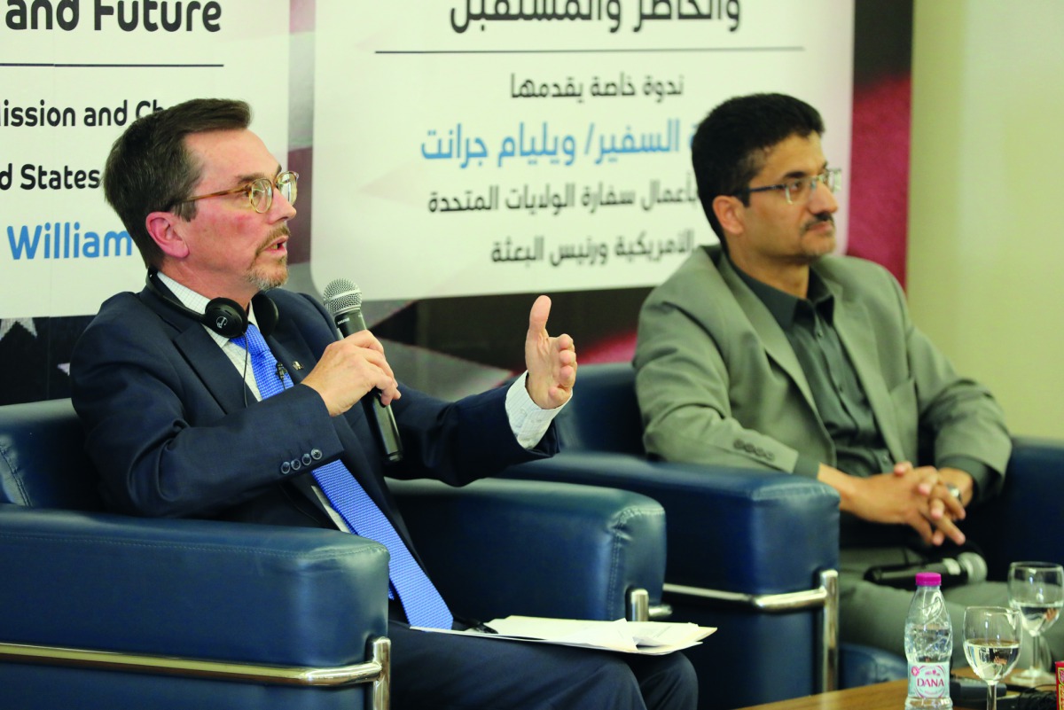 The Chief of Mission and Chargé d’Affaires of the United States to Qatar, William Grant, speaking at the event.