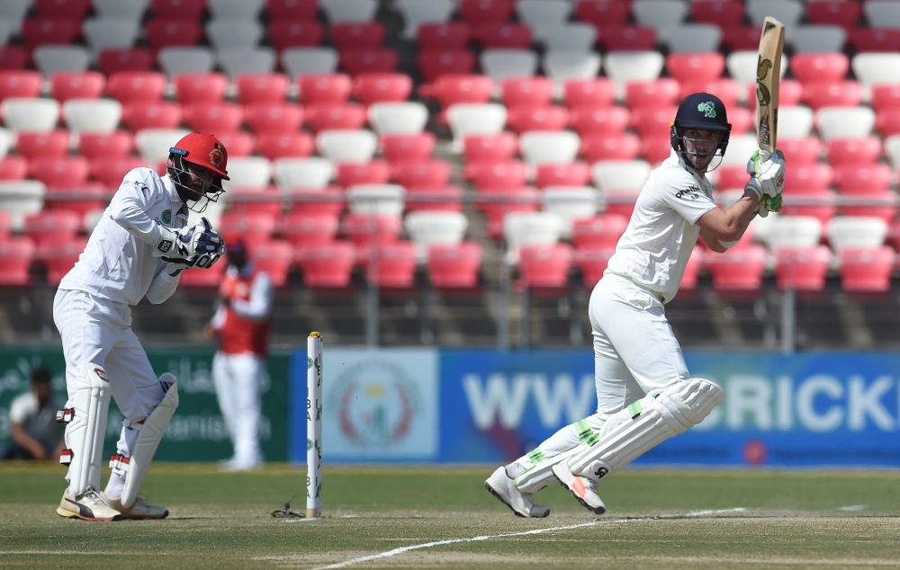 Ireland's Andy Balbirnie plays a shot during the third day of the Test cricket match between Afghanistan and Ireland at the Rajiv Gandhi International Cricket Stadium in the northern Indian city of Dehradun on March 17, 2019. (AFP / Money SHARMA)
