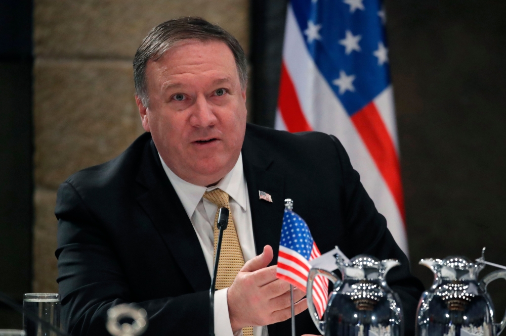 US Secretary of State Mike Pompeo speaks during a meeting with the Israeli and greek prime ministers and the Cypriot president, in Jerusalem March 20, 2019. / AFP / POOL / JIM YOUNG