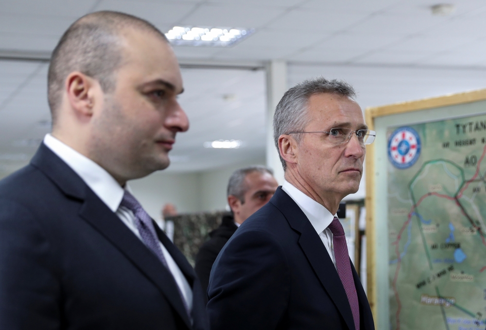 Georgian Prime Minister Mamuka Bakhtadze and NATO Secretary General Jens Stoltenberg meet during a joint Georgia-NATO military exercise in Krtsanisi National Training Centre outside Tbilisi, Georgia, March 25, 2019. REUTERS/Irakli Gedenidze
