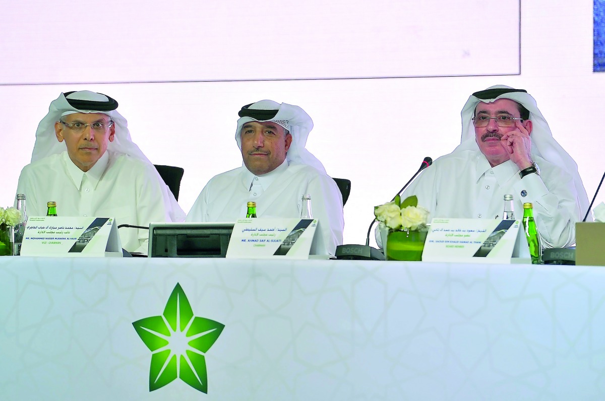 Ahmad Saif Al Sulaiti (right), Chairman of the Board of Directors of Woqod; Mohammed Nasser Al Hajri (centre), Vice-Chairman, and Saad Rashid Al Muhannadi, CEO of Woqod, during the Company’s Annual General Assembly Meeting held at Ritz-Carlton Hotel, yest