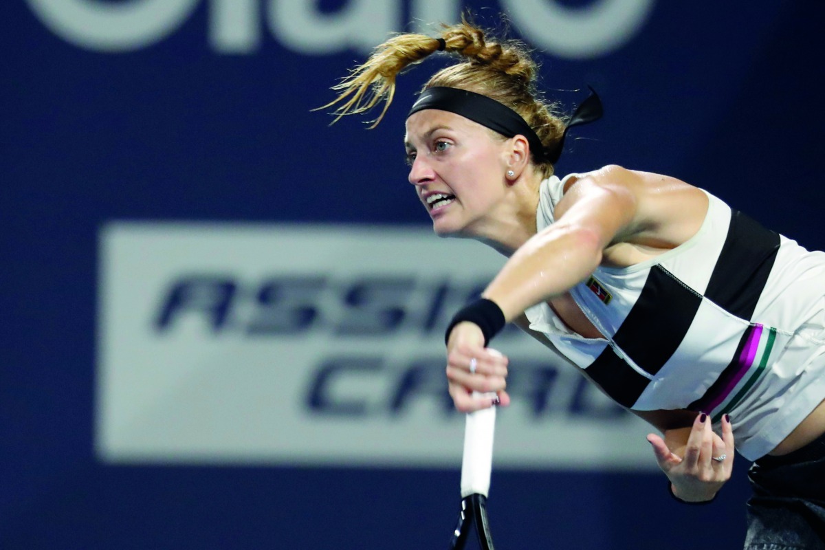 Petra Kvitova of Czech Republic serves against Ashleigh Barty of Australia (not pictured) in a women's singles quarterfinal of the Miami Open at Miami Open Tennis Complex. Credit: Geoff Burke-USA TODAY Sports 