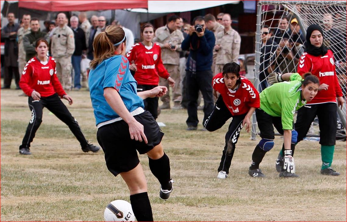 The Afghan National women's soccer team plays a friendly match in Kabul against a women's team from the NATO-led International Security Assistance Force (ISAF) on October 29, 2010. Reuters/Omar Sobhani