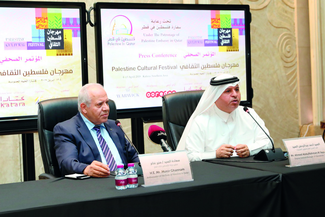Abdelrahman Al Sayyed (right), Deputy General Manager of Katara, and Munir Ghannam, Ambassador of Palestine to Qatar, at a press conference to announce the Palestine Cultural Festival in Katara.