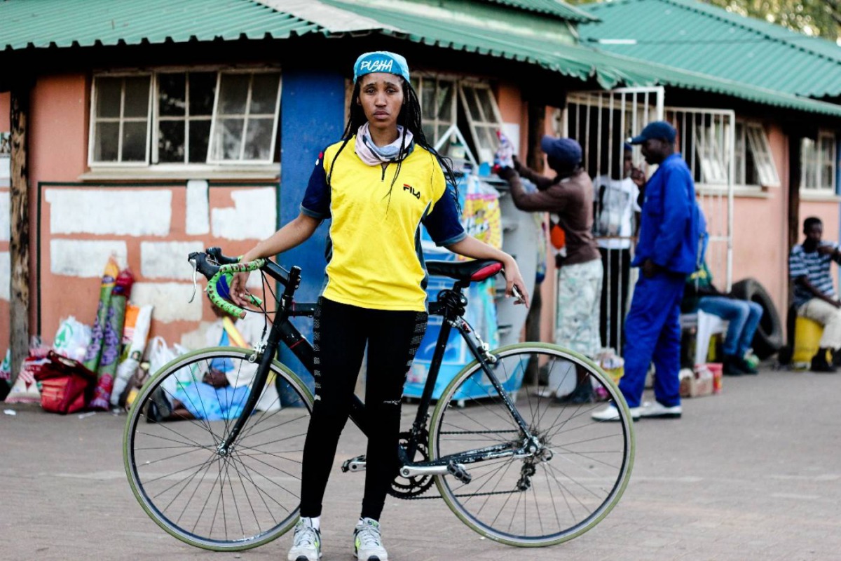 Maria Kgatitsoe, the only female cyclist to ride to Durban in South Africa with the Stokvel group, strikes a pose in the town of Ladysmith. Handout picture courtesy of: Lesego Button Konupi