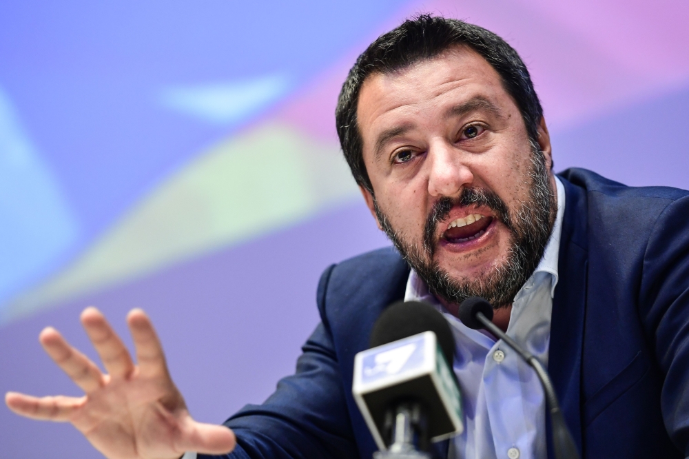 Italy’s Interior Minister, deputy PM and Federal Secretary of Italy's Northern League (Lega Nord) right-wing regionalist political party, Matteo Salvini speaks during a meeting of European nationalists on April 8, 2019 in Milan. AFP / Miguel MEDINA
