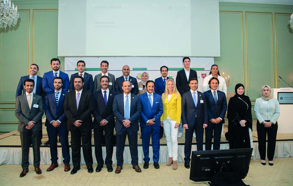 Qatar Chamber Chairman Sheikh Khalifa bin Jassim Al Thani and other Qatari delegation members during the Arab-German Sports Summit in Berlin.