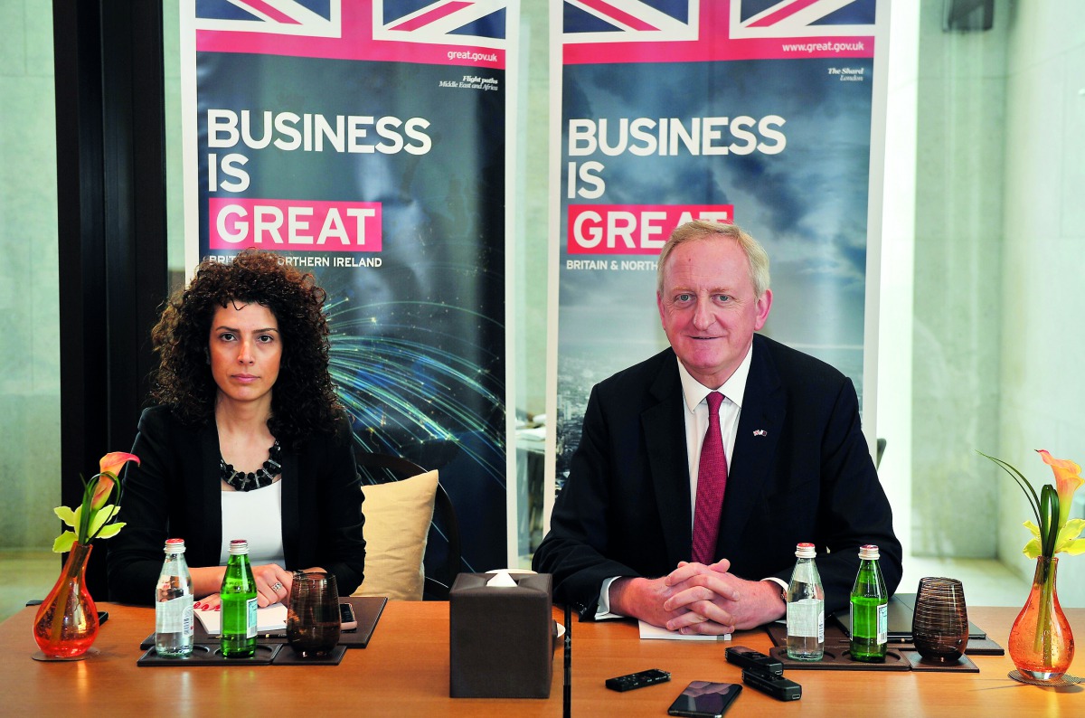 Peter Kenneth Estlin (right), the Lord Mayor of the City of London, and Gisele Razzouk, Political and Communications Attache at the British Embassy in Qatar, during a media roundtable held at Al Wadi Hotel, yesterday. Pic: Baher Amin / the peninsula