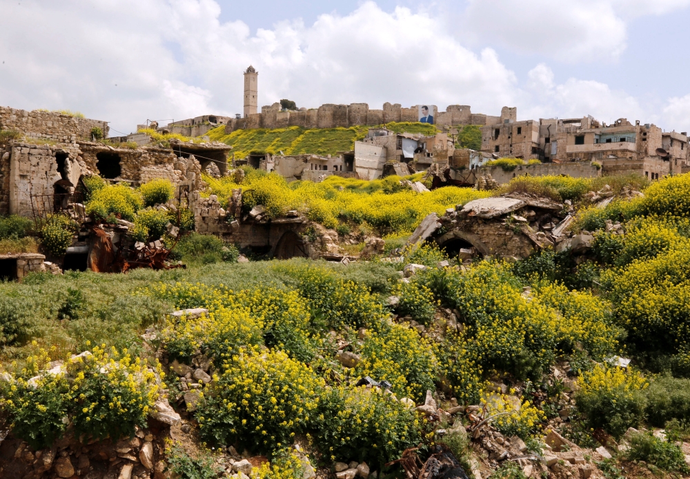 A view of damaged buildings and Aleppo's ancient citadel in the background, in the old city, Syria April 9, 2019. Picture taken April 9, 2019. REUTERS/Omar Sanadiki