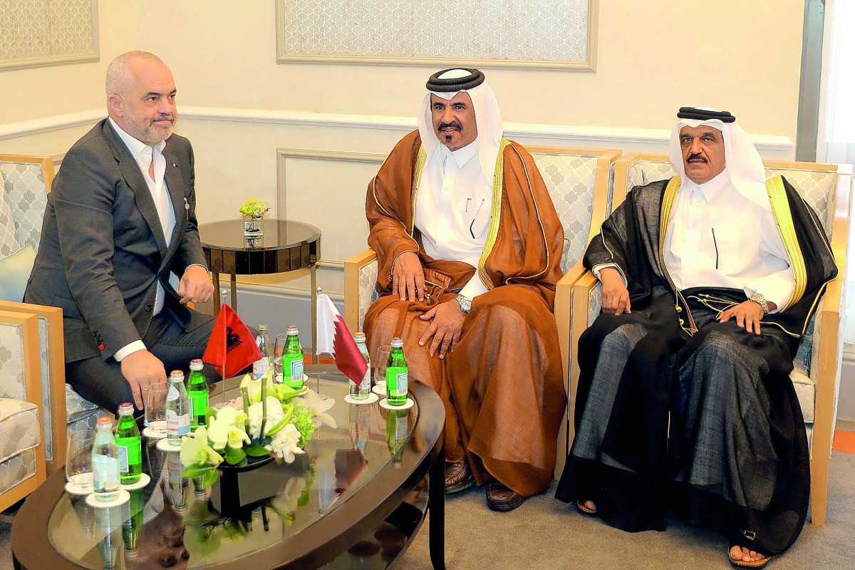 The Prime Minister of the Republic of Albania, Edi Rama, with Qatar Chamber First Vice-Chairman Mohamed bin Ahmed bin Towar Al Kuwari (centre).