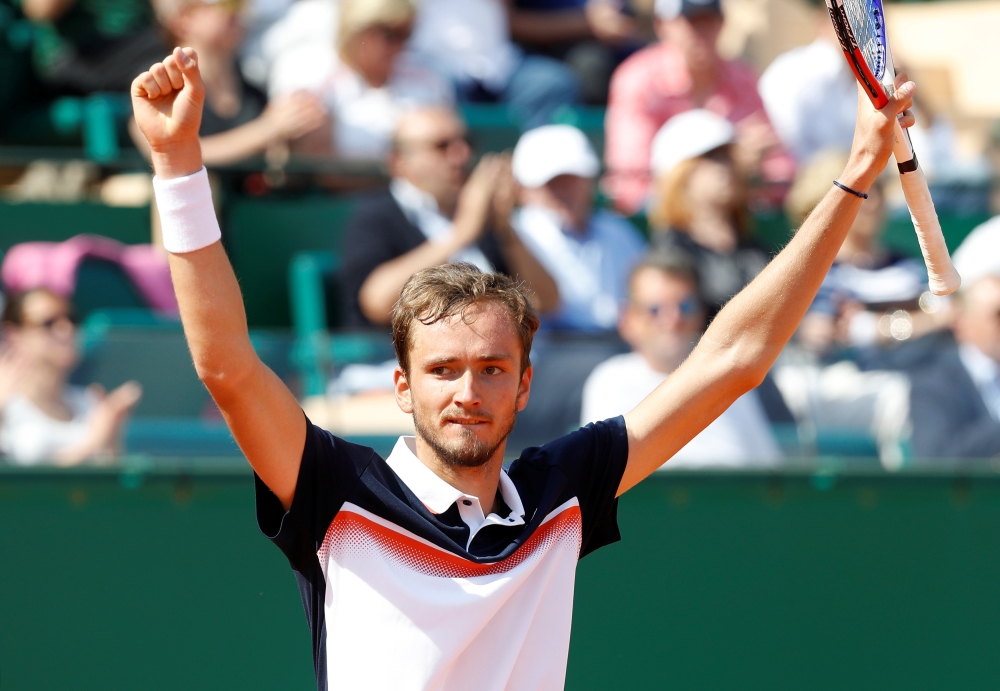 Russia's Daniil Medvedev celebrates after winning his quarter final match against Serbia's Novak Djokovic,  Monte Carlo Masters, Monte-Carlo Country Club, Roquebrune-Cap-Martin, France, April 19, 2019. Reuters/Eric Gaillard