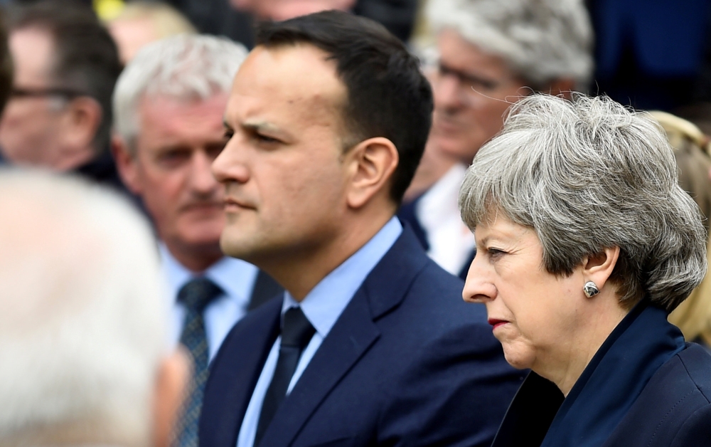 File photo of British Prime Minister Theresa May and Irish Prime Minister (Taoiseach) Leo Varadkar attend the funeral of journalist Lyra McKee at St. Anne's Cathedral in Belfast, Northern Ireland, April 24, 2019. REUTERS/Clodagh Kilcoyne/File Photo
