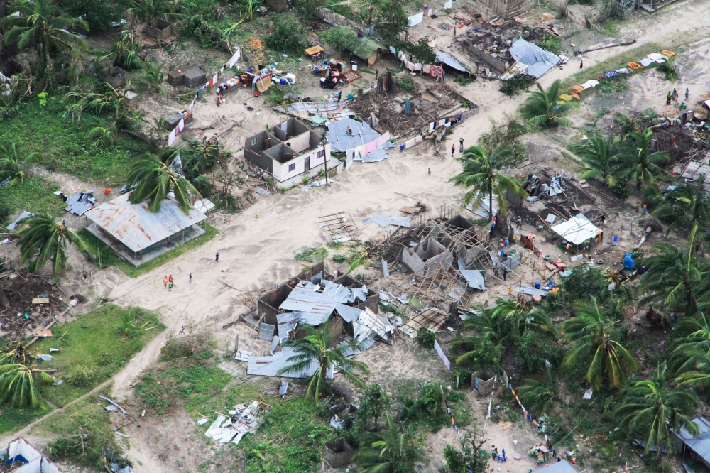This handout aerial photograph taken and released on April 27, 2019 by the United Nations Office for the Coordination of Humanitarian Affairs (OCHA) shows the damaged communities in Macomia district, Mozambique, on April 27, 2019 following the destruction