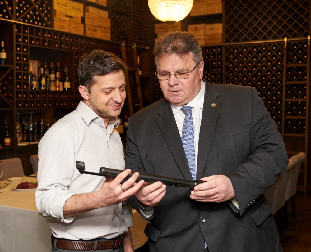 Ukraine's President-elect Volodymyr Zelenskiy (L) attends a meeting with Lithuania's Foreign Minister Linas Linkevicius in Kiev, Ukraine April 25, 2019. Press service of Volodymyr Zelenskiy/Handout via REUTERS 